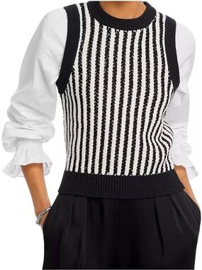 French Connection Black and Cream Striped Sweater Vest Size 10